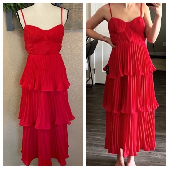 NWOT Lulus Cascading Crush Red Tiered Bustier Midi Dress - Picture 4 of 10